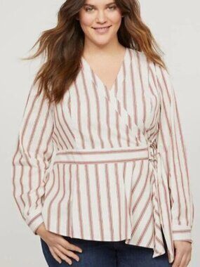 Lane Bryant Women's Size 24 Red White Striped Faux Wrap Long Sleeve Blouse